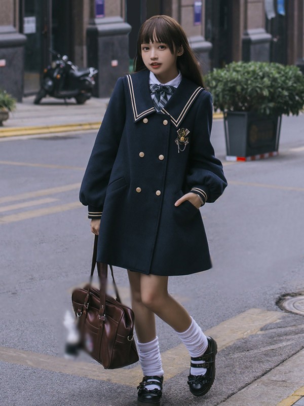 ステンカラーコート ロリータコート セーラーコート 冬服 レディース ジャケット ミディアムコート アウター 小柄 可愛い 学生 通学 通勤 着?せ 女の子 長袖 秋 冬 ゴスロリ 厚手 防寒 寒さ対策 オシャレ 柔らかい 軽い着心地 暖かい_1