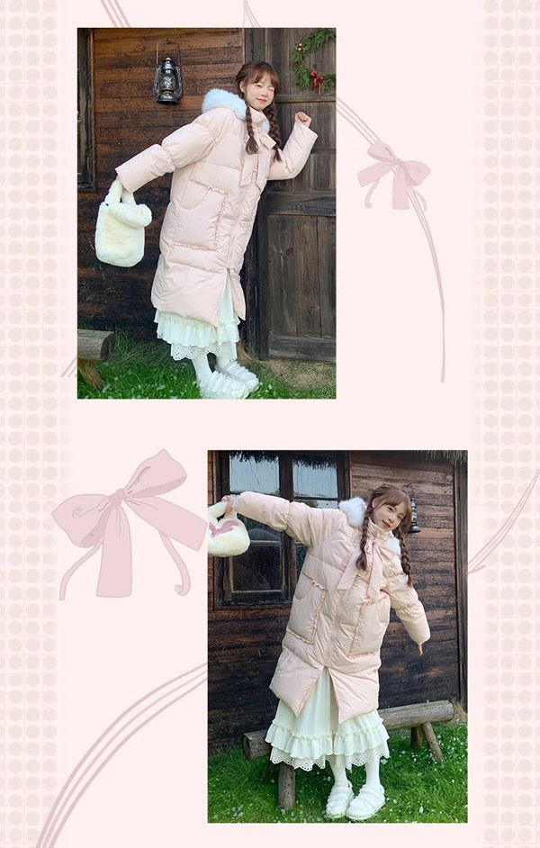 ダウンコート レディース リボン ロング丈 冬服 ダウン ダウンジャケット アウター 冬 ファー かわいい 学生 通勤 通学 女の子 カジュアル 着痩せ 日常 コート 厚手 防寒 寒さ対策 冷え対策 フード付き ポケット付き 秋 柔らかい 軽い着心地 暖かい S M L ダウンコート レディース リボン ロング丈 冬服 ダウン ダウン