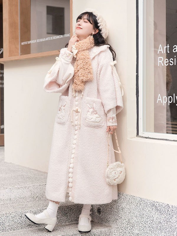 ロングコート 冬服 もこもこ レディース ウサギ柄 ボア リボン 刺? ジャケット コート アウター ロング丈 可愛い 学生 通学 通勤 着痩せ 女の子 長袖 袖あり 秋 冬 ポケット付き 厚手 防寒 寒さ対策 秋冬 オシャレ 柔らかい_1