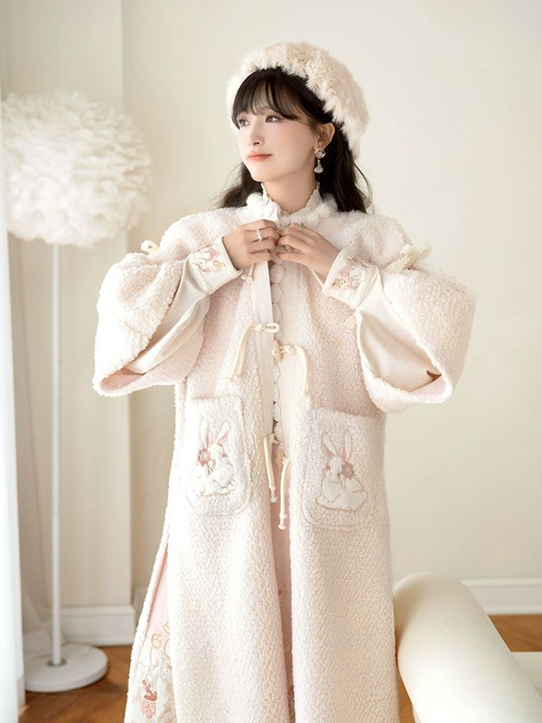 ロングコート 冬服 もこもこ レディース ウサギ柄 ボア リボン 刺? ジャケット コート アウター ロング丈 可愛い 学生 通学 通勤 着痩せ 女の子 長袖 袖あり 秋 冬 ポケット付き 厚手 防寒 寒さ対策 秋冬 オシャレ 柔らかい_3