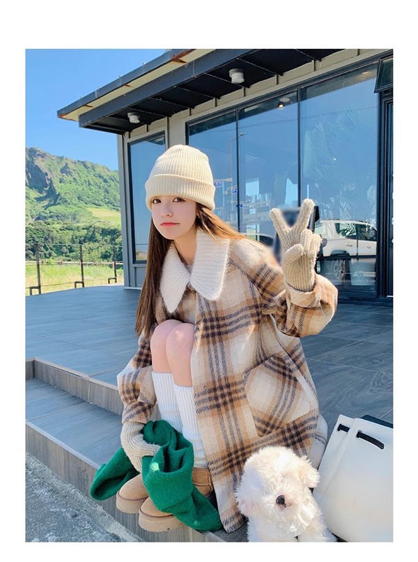 ステンカラーコート レトロ風 チェック柄 冬服 レディース もこもこ