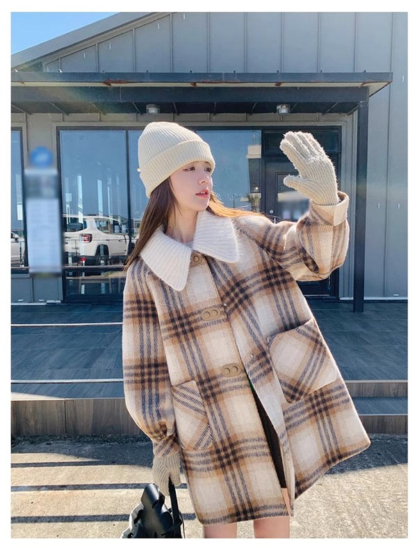 ステンカラーコート レトロ風 チェック柄 冬服 レディース もこもこ