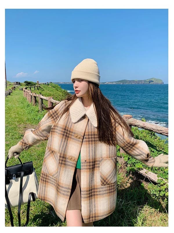 ステンカラーコート レトロ風 チェック柄 冬服 レディース もこもこ