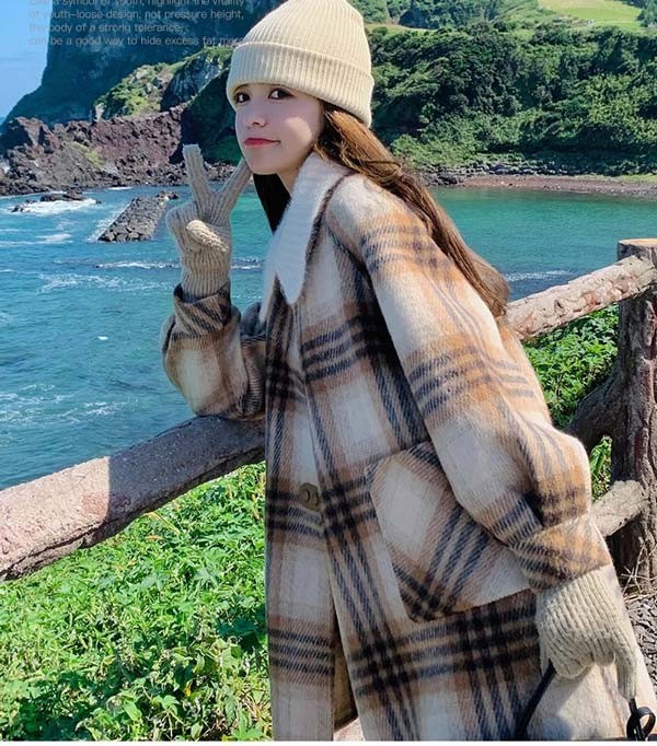 ステンカラーコート レトロ風 チェック柄 冬服 レディース もこもこ