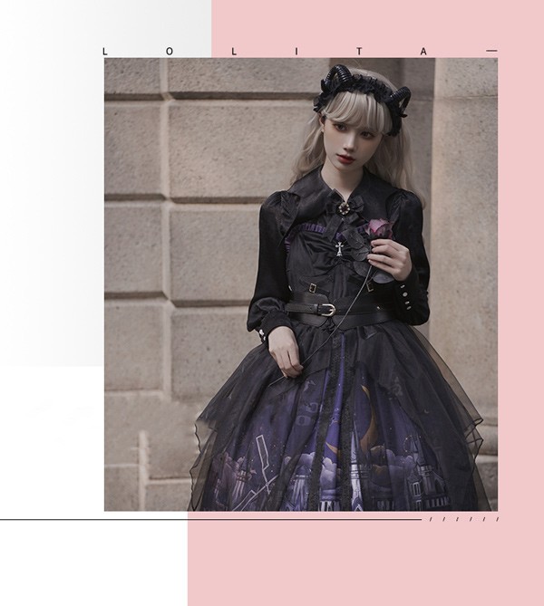 ワンピース ロリータ ハロウィン 魔女風 ウイッチ風 ミモレ丈 ジャンパースカート シャツ追加可能 ゴスロリ ゴシック  ロリィタファッション リボン フリル ロリータワンピース ステージ 文化祭 パープル ブラック 黒 S M L ワンピース ロリータ ハロウィン 魔女風 ウイッチ風 ミモレ丈