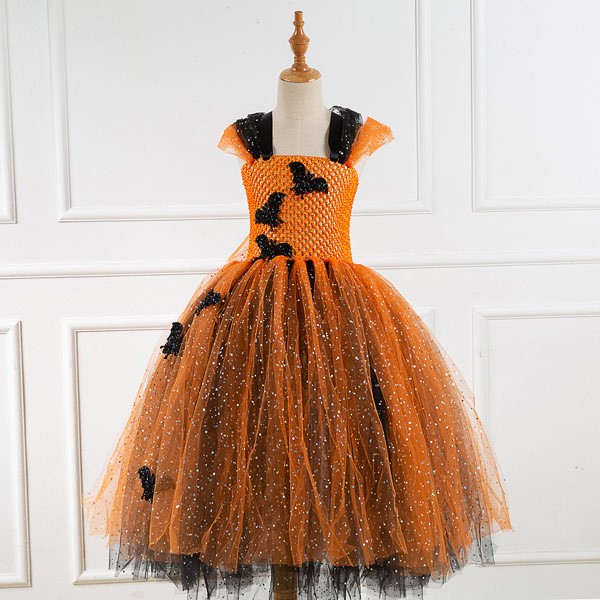 ハンドメイドオレンジ。ハロウィンプリントワンピースストラップぬいば