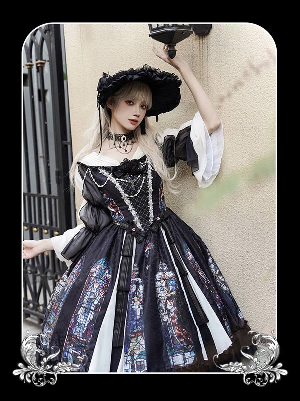 ワンピース ロリータ ハロウィン ステンドグラス風 ミモレ丈 ジャンパースカート オフショルダー レディース 長袖 クラロリ ゴスロリ ゴシック 暗黒風 ロリィタファッション ロリータワンピース コスチューム コスプレ 衣装 可愛い 仮装 イベント 文化祭 ブラック 黒 S M L_1