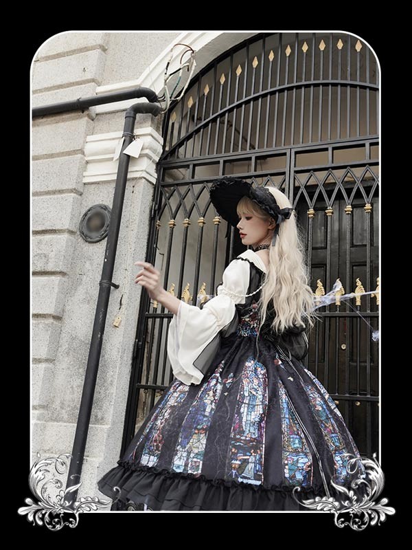 ワンピース ロリータ ハロウィン ステンドグラス風 ミモレ丈 ジャンパースカート オフショルダー レディース 長袖 クラロリ ゴスロリ ゴシック 暗黒風 ロリィタファッション ロリータワンピース コスチューム コスプレ 衣装 可愛い 仮装 イベント 文化祭 ブラック 黒 S M L_2