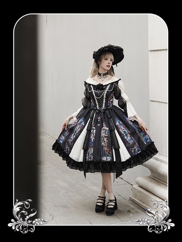 ワンピース ロリータ ハロウィン ステンドグラス風 ミモレ丈 ジャンパースカート オフショルダー レディース 長袖 クラロリ ゴスロリ ゴシック 暗黒風 ロリィタファッション ロリータワンピース コスチューム コスプレ 衣装 可愛い 仮装 イベント 文化祭 ブラック 黒 S M L_3