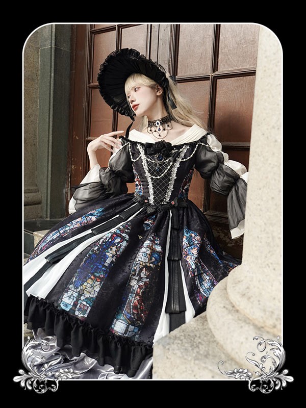 ワンピース ロリータ ハロウィン ステンドグラス風 ミモレ丈 ジャンパースカート オフショルダー レディース 長袖 クラロリ ゴスロリ ゴシック 暗黒風 ロリィタファッション ロリータワンピース コスチューム コスプレ 衣装 可愛い 仮装 イベント 文化祭 ブラック 黒 S M L_4