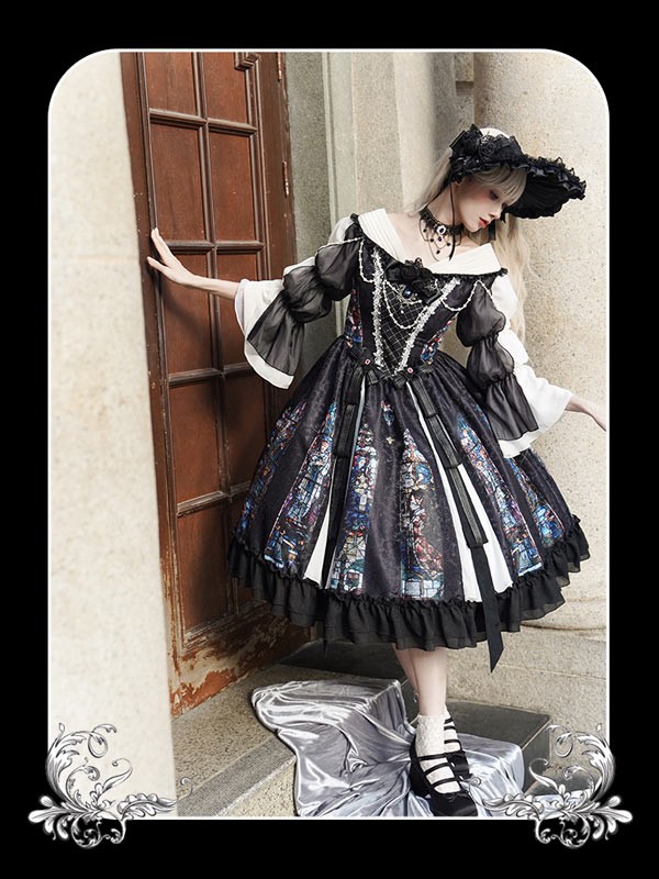 ワンピース ロリータ ハロウィン ステンドグラス風 ミモレ丈 ジャンパースカート オフショルダー レディース 長袖 クラロリ ゴスロリ ゴシック 暗黒風 ロリィタファッション ロリータワンピース コスチューム コスプレ 衣装 可愛い 仮装 イベント 文化祭 ブラック 黒 S M L_5