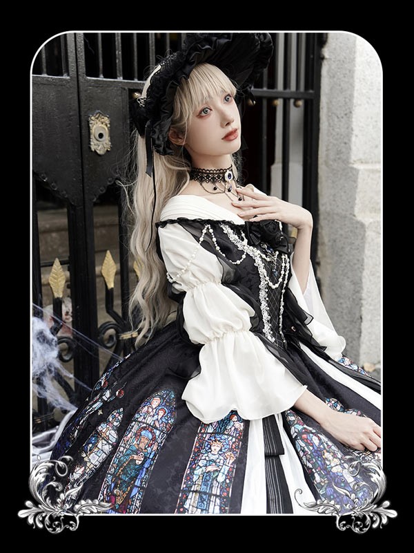 ワンピース ロリータ ハロウィン ステンドグラス風 ミモレ丈 ジャンパースカート オフショルダー レディース 長袖 クラロリ ゴスロリ ゴシック 暗黒風 ロリィタファッション ロリータワンピース コスチューム コスプレ 衣装 可愛い 仮装 イベント 文化祭 ブラック 黒 S M L_6
