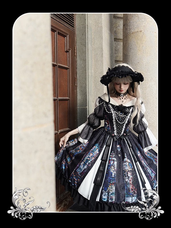 ワンピース ロリータ ハロウィン ステンドグラス風 ミモレ丈 ジャンパースカート オフショルダー レディース 長袖 クラロリ ゴスロリ ゴシック 暗黒風 ロリィタファッション ロリータワンピース コスチューム コスプレ 衣装 可愛い 仮装 イベント 文化祭 ブラック 黒 S M L_7