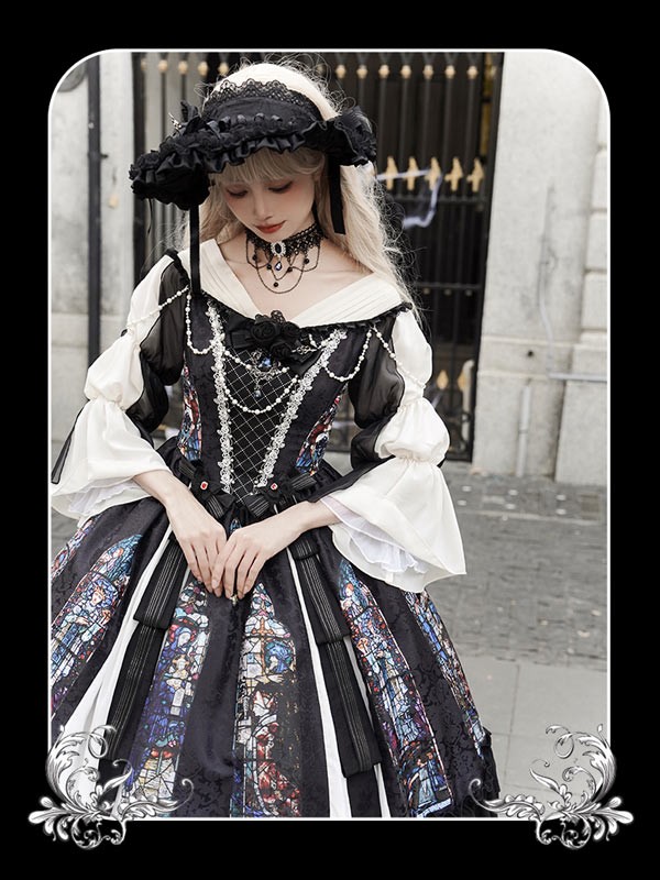 ワンピース ロリータ ハロウィン ステンドグラス風 ミモレ丈 ジャンパースカート オフショルダー レディース 長袖 クラロリ ゴスロリ ゴシック 暗黒風 ロリィタファッション ロリータワンピース コスチューム コスプレ 衣装 可愛い 仮装 イベント 文化祭 ブラック 黒 S M L_8