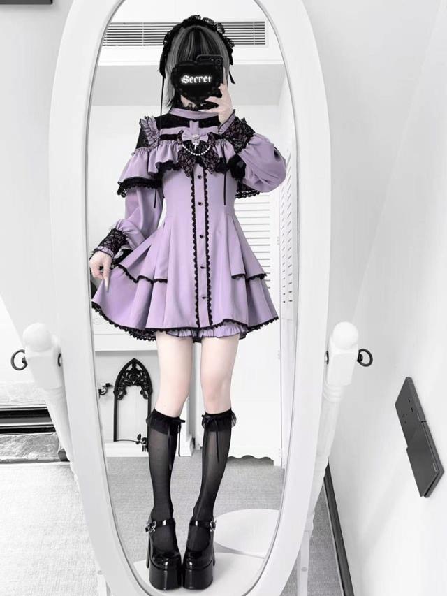 地雷系 ワンピース セットアップ 量産型 レース ロリータ 着痩せ 長袖 半袖 レディース 女子 リボン ショート丈 ミニ 蝶結び フリル パフスリーブ ギャル ドレス かわいい 可愛い 病みかわいい 学生 お姫様 プリンセス お出かけ ブラック 黒 パープル S M L XL 2XL_4