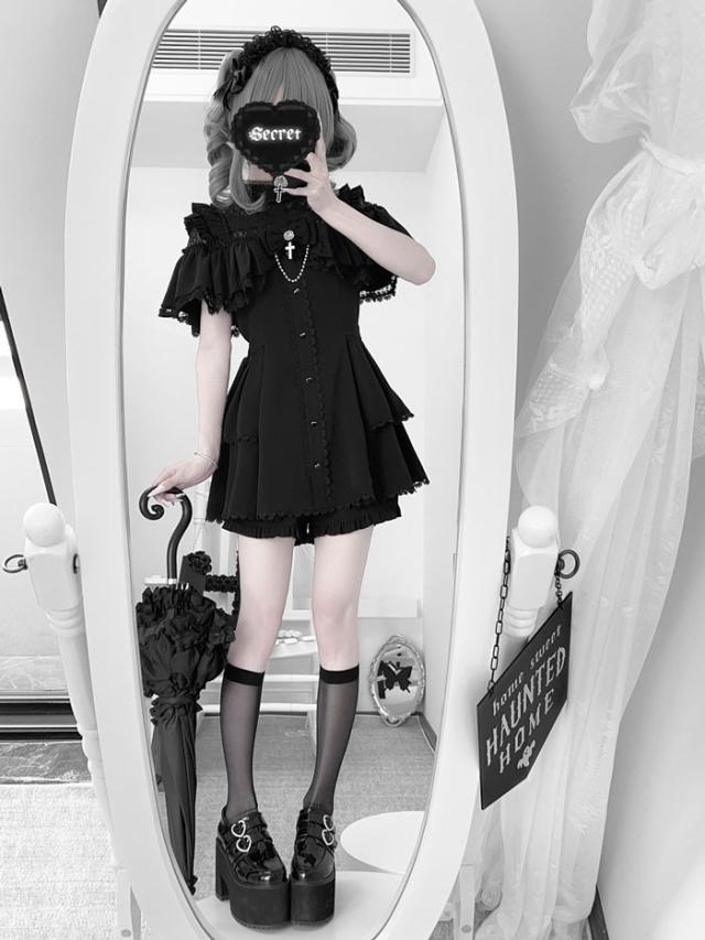 地雷系 ワンピース セットアップ 量産型 レース ロリータ 着痩せ 長袖 半袖 レディース 女子 リボン ショート丈 ミニ 蝶結び フリル パフスリーブ ギャル ドレス かわいい 可愛い 病みかわいい 学生 お姫様 プリンセス お出かけ ブラック 黒 パープル S M L XL 2XL_7