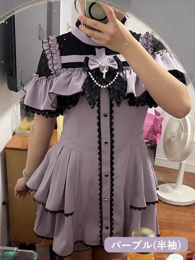 地雷系 ワンピース セットアップ 量産型 レース ロリータ 着痩せ 長袖 半袖 レディース 女子 リボン ショート丈 ミニ 蝶結び フリル パフスリーブ ギャル ドレス かわいい 可愛い 病みかわいい 学生 お姫様 プリンセス お出かけ ブラック 黒 パープル S M L XL 2XL_8
