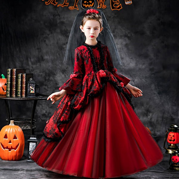 キッズドレス 吸血鬼 ハロウィン ヴァンパイア ドレス ロングドレス 袖あり 長袖 ロング丈 コスプレ コスチューム衣装 子供ドレス パーティー カラードレス ワンピース 上品 エレガント 女の子 子供 かわいい 豪華 演出 イベント 写真用 レッド 100 110 120 130 140 150 160_1