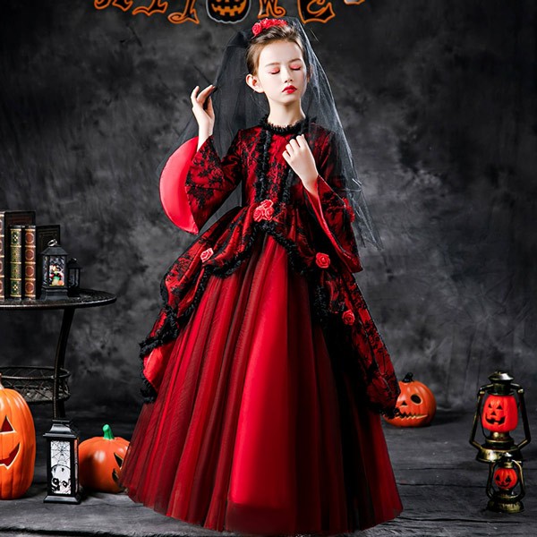 キッズドレス 吸血鬼 ハロウィン ヴァンパイア ドレス ロングドレス 袖あり 長袖 ロング丈 コスプレ コスチューム衣装 子供ドレス パーティー カラードレス ワンピース 上品 エレガント 女の子 子供 かわいい 豪華 演出 イベント 写真用 レッド 100 110 120 130 140 150 160_2