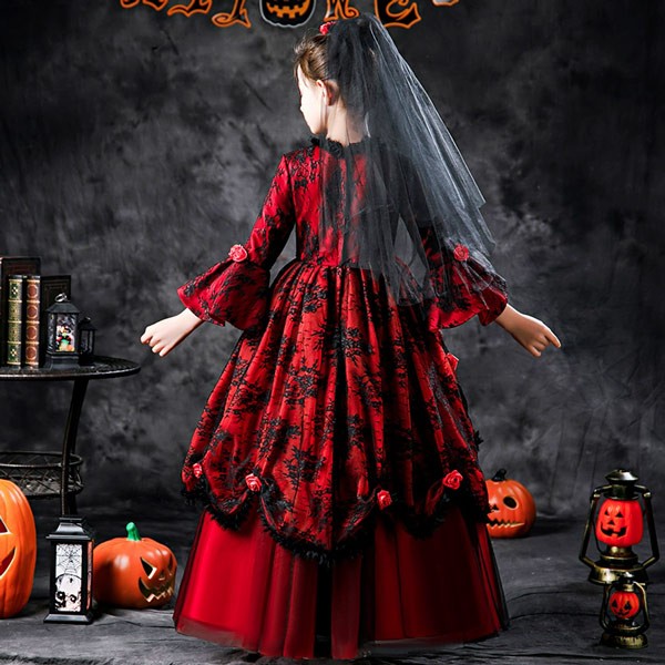 キッズドレス 吸血鬼 ハロウィン ヴァンパイア ドレス ロングドレス 袖あり 長袖 ロング丈 コスプレ コスチューム衣装 子供ドレス パーティー カラードレス ワンピース 上品 エレガント 女の子 子供 かわいい 豪華 演出 イベント 写真用 レッド 100 110 120 130 140 150 160_4