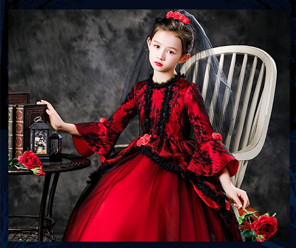 キッズドレス 吸血鬼 ハロウィン ヴァンパイア ドレス ロングドレス 袖あり 長袖 ロング丈 コスプレ コスチューム衣装 子供ドレス パーティー カラードレス ワンピース 上品 エレガント 女の子 子供 かわいい 豪華 演出 イベント 写真用 レッド 100 110 120 130 140 150 160_6