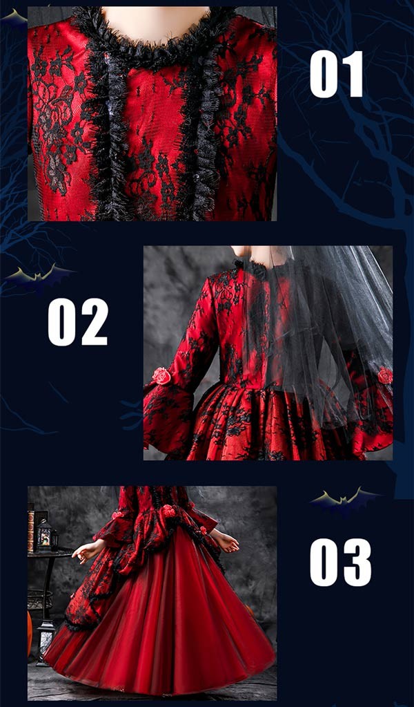 キッズドレス 吸血鬼 ハロウィン ヴァンパイア ドレス ロングドレス 袖あり 長袖 ロング丈 コスプレ コスチューム衣装 子供ドレス パーティー カラードレス ワンピース 上品 エレガント 女の子 子供 かわいい 豪華 演出 イベント 写真用 レッド 100 110 120 130 140 150 160_7
