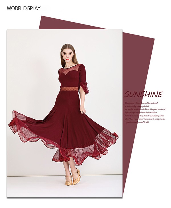 社交ダンス ドレス ロングドレス フリル 半袖 モダンドレス リボン ワインレッド 社交ダンス衣装 モダン スタンダード ワルツ 無地 ダンス衣装 ステージ衣装 パーティー コンクール 練習着 レッスン 社交ダンス ドレス ロングドレス フリル 半袖 モダンドレス リボン