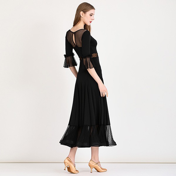 社交ダンス ドレス ロングドレス フリル 半袖 モダンドレス リボン ワインレッド 社交ダンス衣装 モダン スタンダード ワルツ 無地 ダンス衣装 ステージ衣装 パーティー コンクール 練習着 レッスン