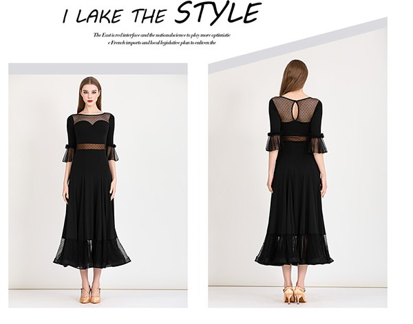 社交ダンス ドレス ロングドレス フリル 半袖 モダンドレス リボン