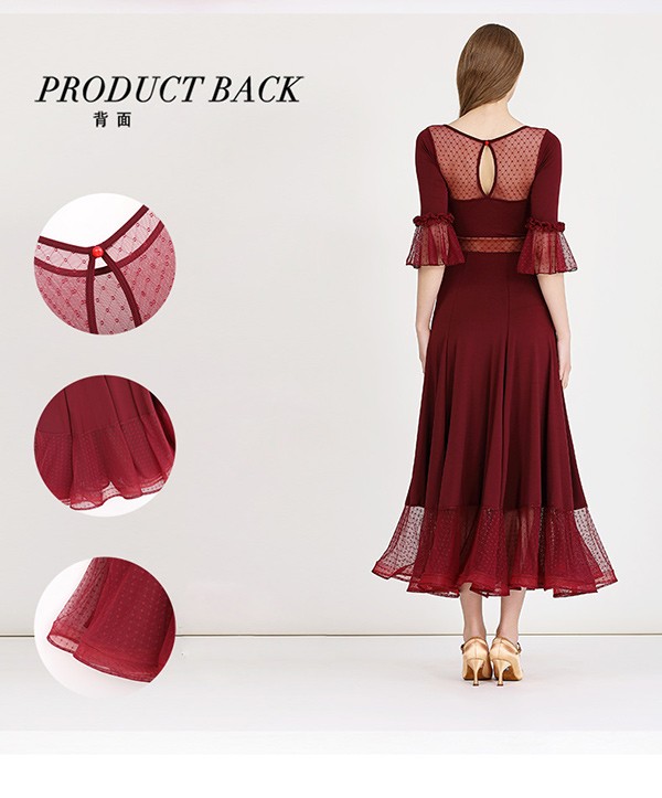 社交ダンス ドレス ロングドレス フリル 半袖 モダンドレス リボン ワインレッド 社交ダンス衣装 モダン スタンダード ワルツ 無地 ダンス衣装 ステージ衣装 パーティー コンクール 練習着 レッスン