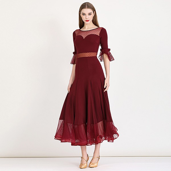 社交ダンス ドレス ロングドレス フリル 半袖 モダンドレス リボン ワインレッド 社交ダンス衣装 モダン スタンダード ワルツ 無地 ダンス衣装 ステージ衣装 パーティー コンクール 練習着 レッスン