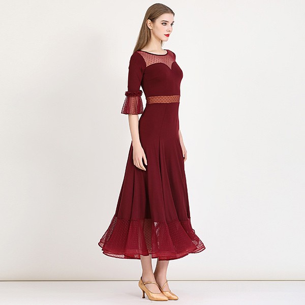 社交ダンス ドレス ロングドレス フリル 半袖 モダンドレス リボン