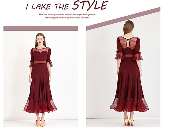 社交ダンス ドレス ロングドレス フリル 半袖 モダンドレス リボン ワインレッド 社交ダンス衣装 モダン スタンダード ワルツ 無地 ダンス衣装 ステージ衣装 パーティー コンクール 練習着 レッスン