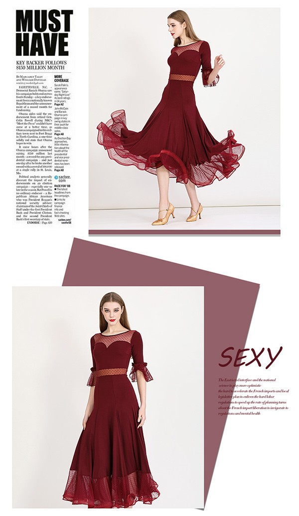 社交ダンス ドレス ロングドレス フリル 半袖 モダンドレス リボン ワインレッド 社交ダンス衣装 モダン スタンダード ワルツ 無地 ダンス衣装 ステージ衣装 パーティー コンクール 練習着 レッスン