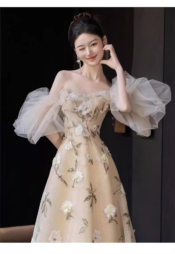 イブニングドレス ロングドレス 花柄 ベージュ袖あり 刺繍 ピアノ発表会 演奏会ドレス ウエディング 結婚式 パーティードレス フォト婚 イベント 演出 舞台 披露宴 ステージ dt001m5m5x7_4