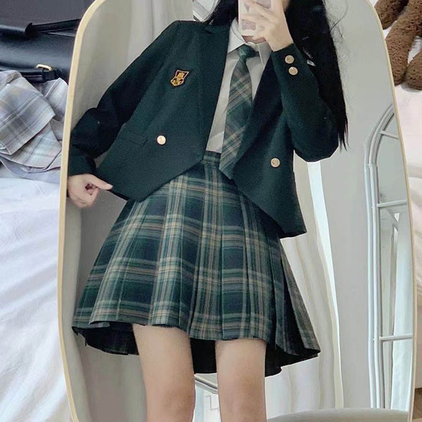 5点セット 入学式 卒業式スーツ 長袖 中学生 高校生 制服 学生制服 女子高生 中高生 女の子 ジュニア チェック柄 レディース お受験 結婚式 発表会 入学 通学 大きいサイズ フォーマルスーツ グリーン ベージュ dx011m5m5x7_3