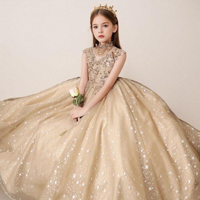 キッズドレス ロングドレス 子供用 キラキラ 小学生 ドレス ロング丈 春 秋 発表会 キッズ 中学生 演奏会 ピアノ発表会 パーティー ジュニア 110-160cm  ゴールド  da010m6m6jc_1
