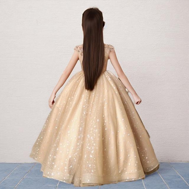 キッズドレス ロングドレス 子供用 キラキラ 小学生 ドレス ロング丈 春 秋 発表会 キッズ 中学生 演奏会 ピアノ発表会 パーティー ジュニア 110-160cm  ゴールド  da010m6m6jc_4