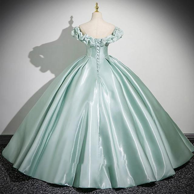 カラードレス レディース ロング丈 パニエ付き ピアノ 発表会 パーティードレス 結婚式 イブニングドレス オフショルダー フォーマル 着痩せ きれいめ 編み上げ エレガント お呼ばれ 二次会 披露宴 演奏会 忘年会 司会ドレス ライトグリーン XS-4L_3