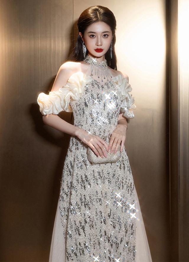 ドレス 大人 ピアノ 発表会 ロングドレス キラキラ 演奏会 演奏会用ドレス ピアノ発表会 結婚式 高校生 パーティードレス 大きいサイズ 母親 コンクール イブニングドレス ロング 演奏会ドレス シルバー_4