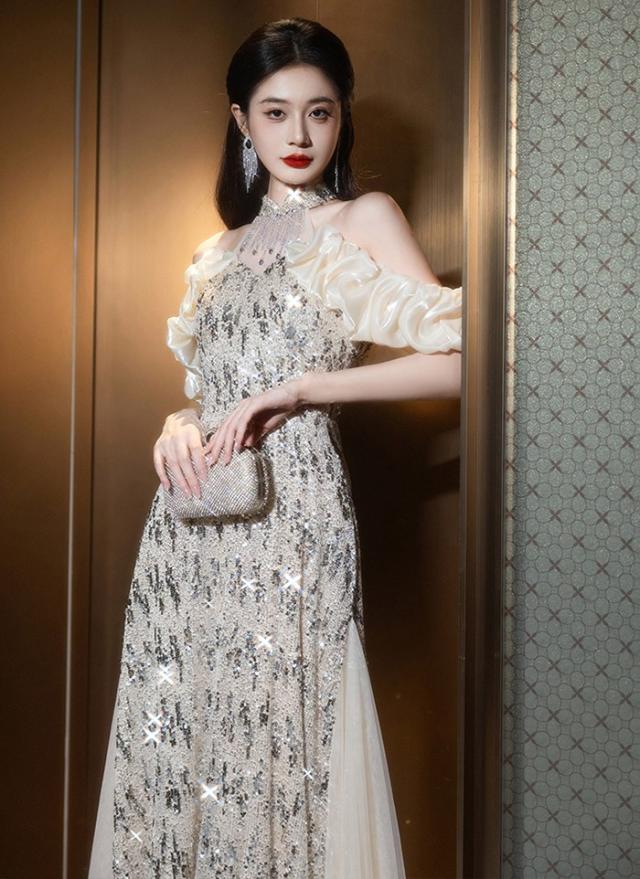 ドレス 大人 ピアノ 発表会 ロングドレス キラキラ 演奏会 演奏会用ドレス ピアノ発表会 結婚式 高校生 パーティードレス 大きいサイズ 母親 コンクール イブニングドレス ロング 演奏会ドレス シルバー_5