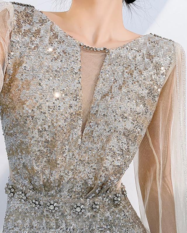 ドレス 大人 ピアノ 発表会 ロングドレス 長袖 透け感 演奏会 演奏会用