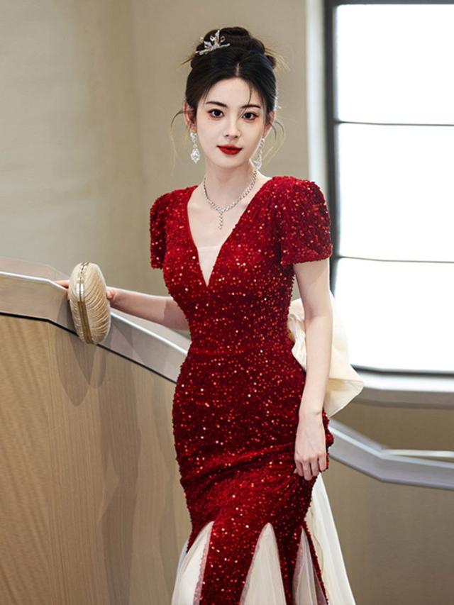 ドレス マーメイドライン ビッグリボン 大人 ピアノ 発表会 ロングドレス 演奏会 演奏会用ドレス ピアノ発表会 結婚式 高校生 パーティードレス 大きいサイズ コンクール イブニングドレス ロング 演奏会ドレス 赤 大きいサイズドレス 小さいサイズ_3