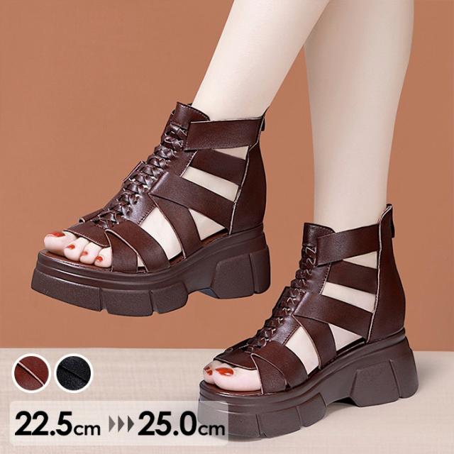 ブーツサンダル 厚底 ウェッジソール サンダル ウエッジソール 厚底サンダル レディース かかとあり ストライプサンダル 着心地よい おしゃれ 美脚 大人 可愛い 靴 女性 さんだる ブラック ブラウン 夏ブーツ 22.5-25.0