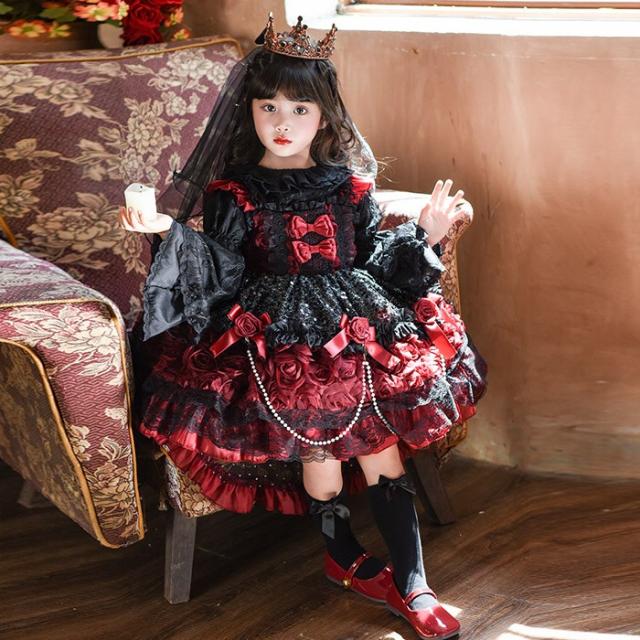 キッズドレス ゴシック風 ロリータ風 上下セット 上衣＋ワンピース 女の子 2WAY 衣装 フォーマル ワインレッド 黒 バラモチーフ パール付き 100 110 120 130 140 150cm