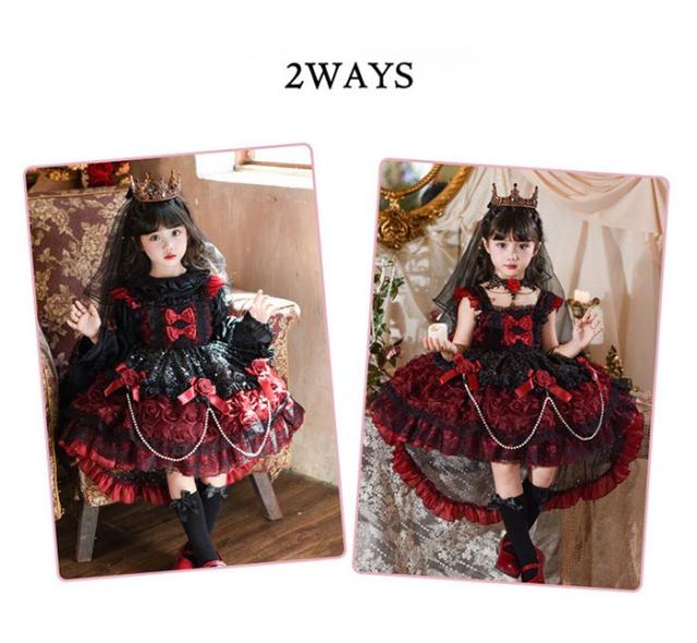 キッズドレス ゴシック風 ロリータ風 上下セット 上衣＋ワンピース 女の子 2WAY 衣装 フォーマル ワインレッド 黒 バラモチーフ パール付き 100 110 120 130 140 150cm