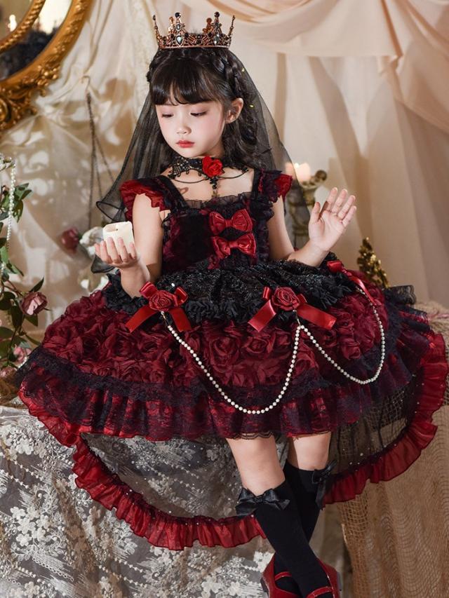 キッズドレス ゴシック風 ロリータ風 上下セット 上衣＋ワンピース 女の子 2WAY 衣装 フォーマル ワインレッド 黒 バラモチーフ パール付き 100 110 120 130 140 150cm