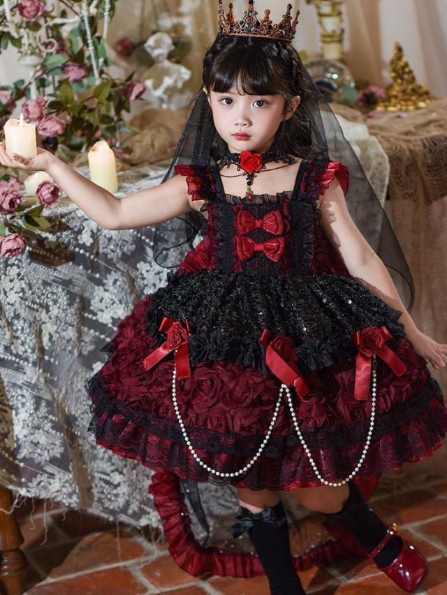 キッズドレス ゴシック風 ロリータ風 上下セット 上衣＋ワンピース 女の子 2WAY 衣装 フォーマル ワインレッド 黒 バラモチーフ パール付き 100 110 120 130 140 150cm