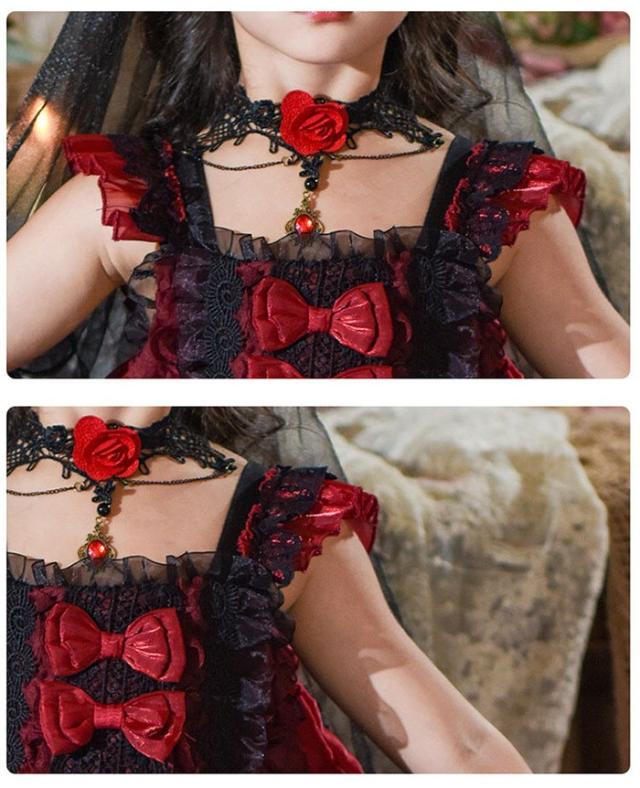 キッズドレス ゴシック風 ロリータ風 上下セット 上衣＋ワンピース 女の子 2WAY 衣装 フォーマル ワインレッド 黒 バラモチーフ パール付き 100 110 120 130 140 150cm