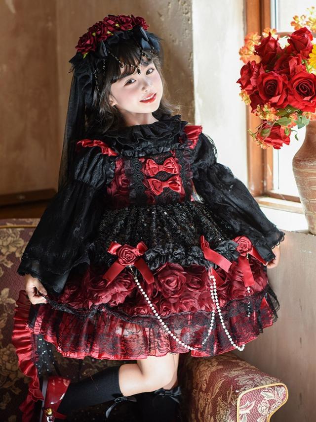 キッズドレス ゴシック風 ロリータ風 上下セット 上衣＋ワンピース 女の子 2WAY 衣装 フォーマル ワインレッド 黒 バラモチーフ パール付き 100 110 120 130 140 150cm